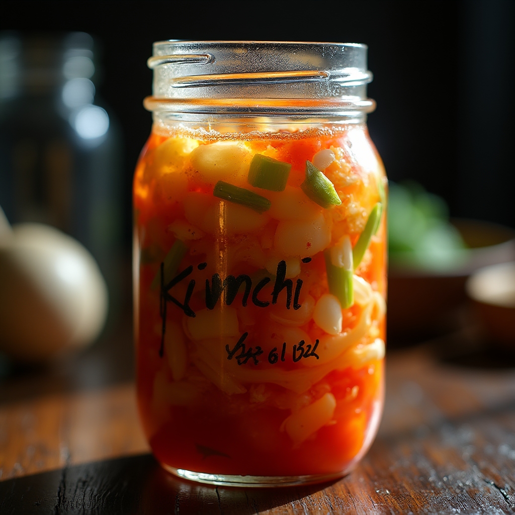 Close-up of a sealed glass jar of freshly made kimchi with visible vegetables and brine