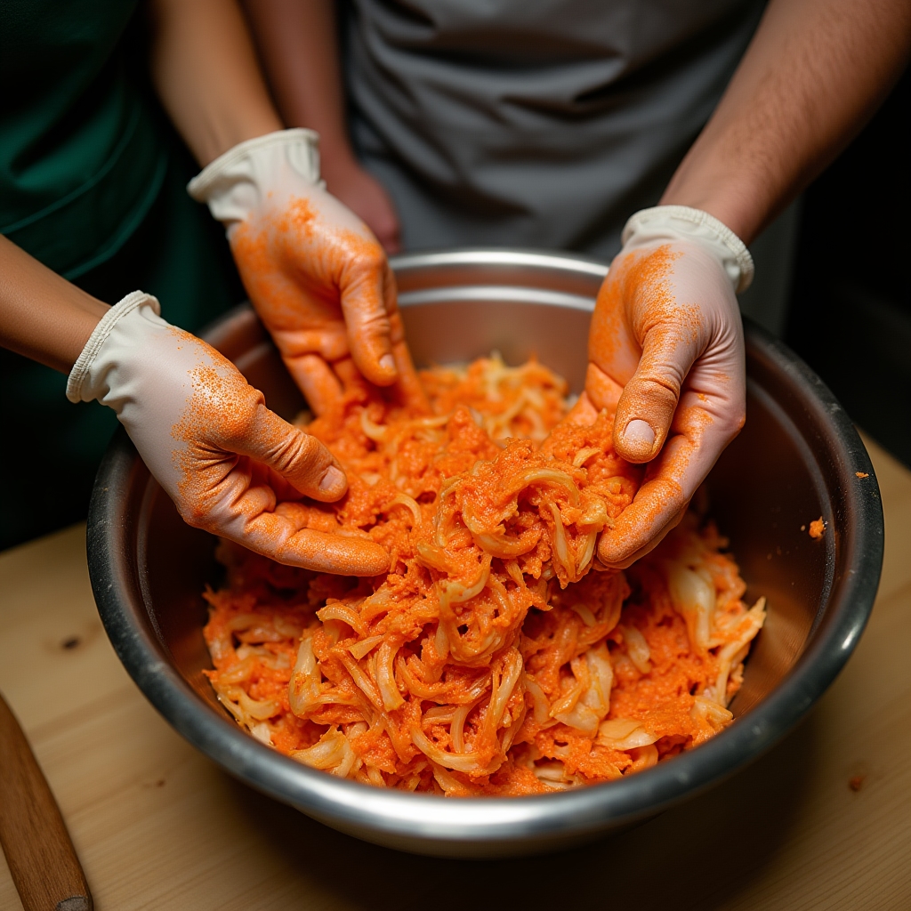 Hands preparing kimchi at a fermentation workshop