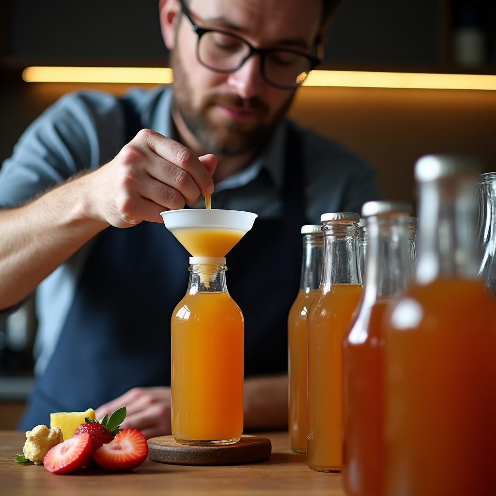 Hands pouring kombucha into glass bottles with fruit flavorings nearby