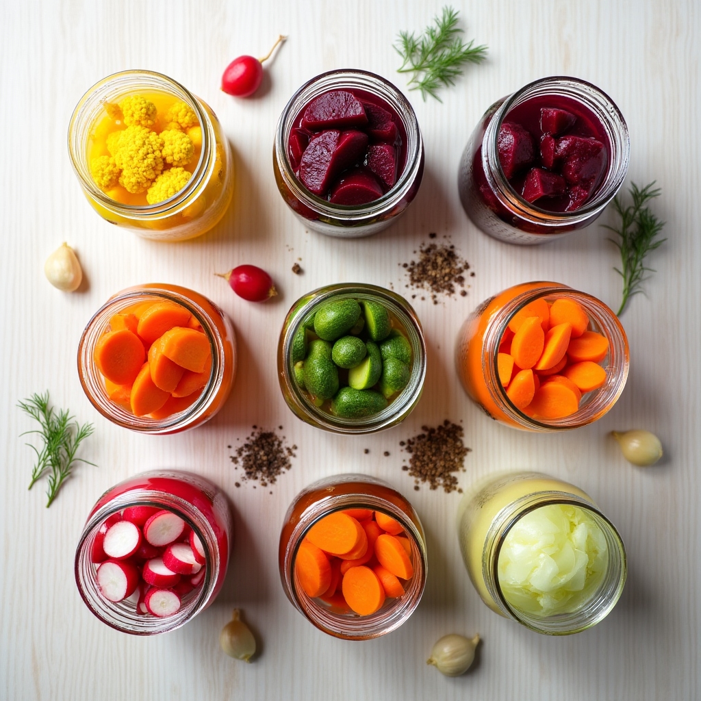 Row of glass mason jars filled with colorful fermented vegetables on a wooden counter