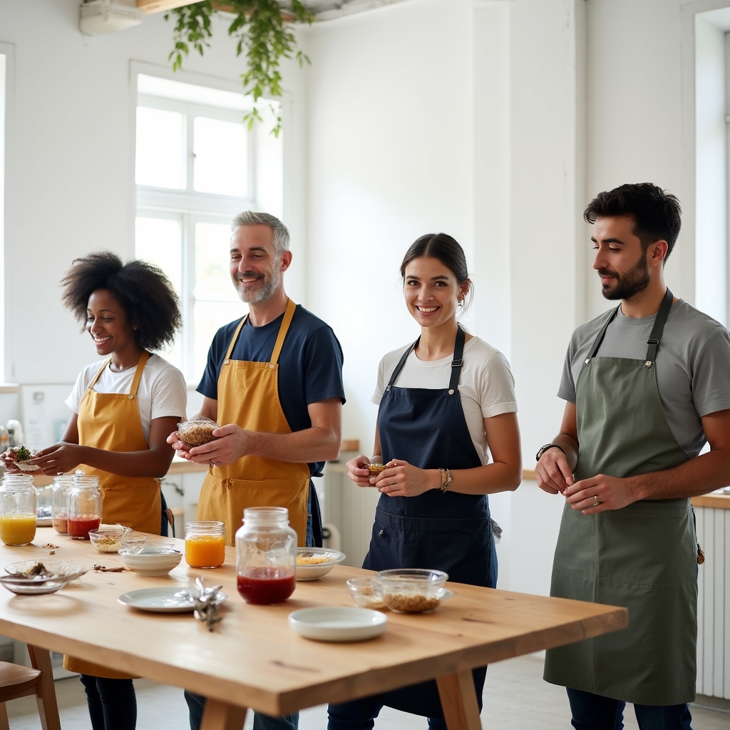 Small group of adults working together at a fermentation workshop table