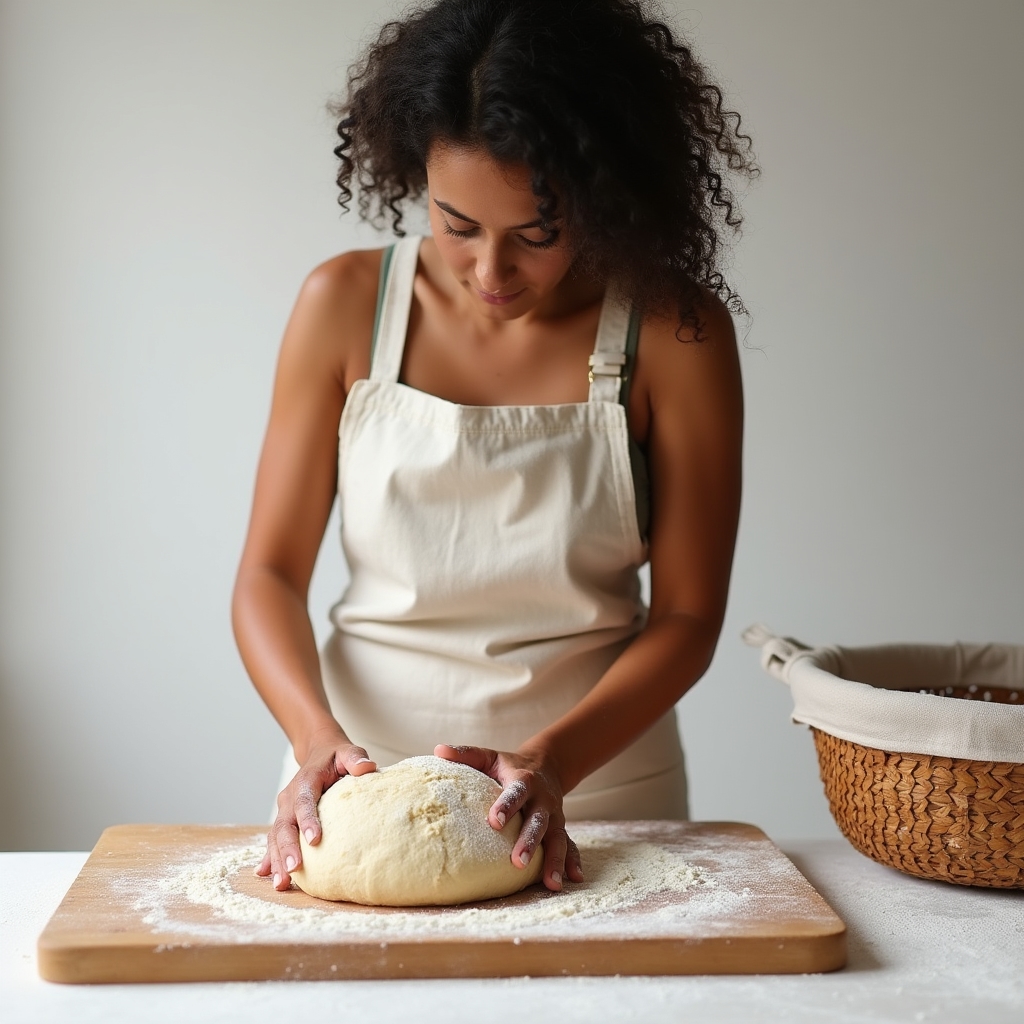 Participant shaping sourdough dough on a floured surface