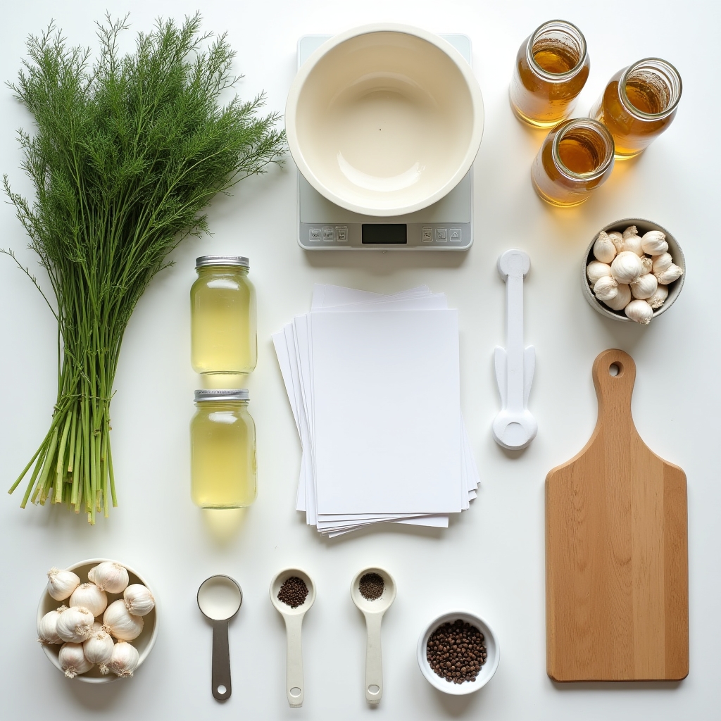 Overhead view of workshop table with organized fermentation supplies, bowls, and ingredients